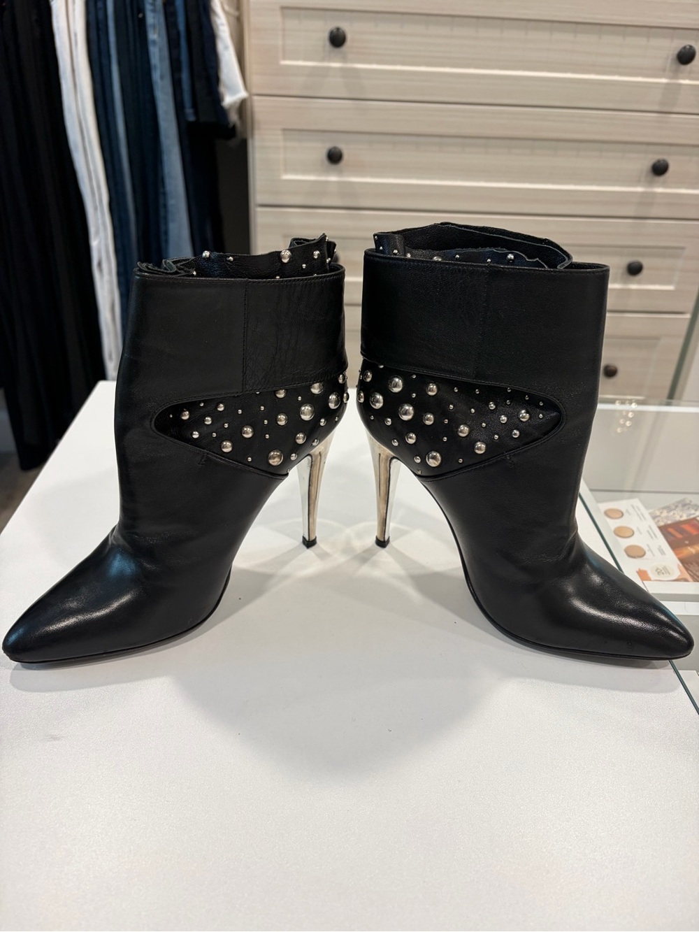Black Studded Pointed-Toe Ankle Boots with Metallic Heel